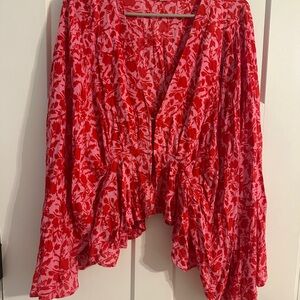 Red Flutter Sleeve Wrap Blouse with pretty floral print